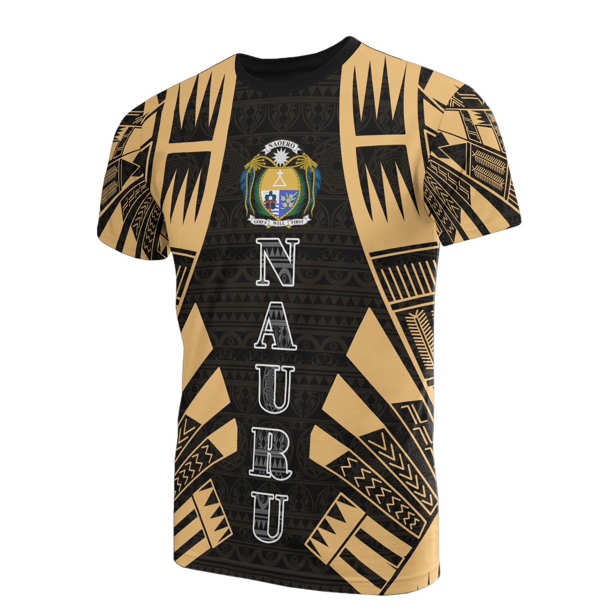 Nauru T Shirt Nauru Coat Of Arms Polynesian Tattoo Gold Style Unisex Black-Gold - Polynesian Pride
