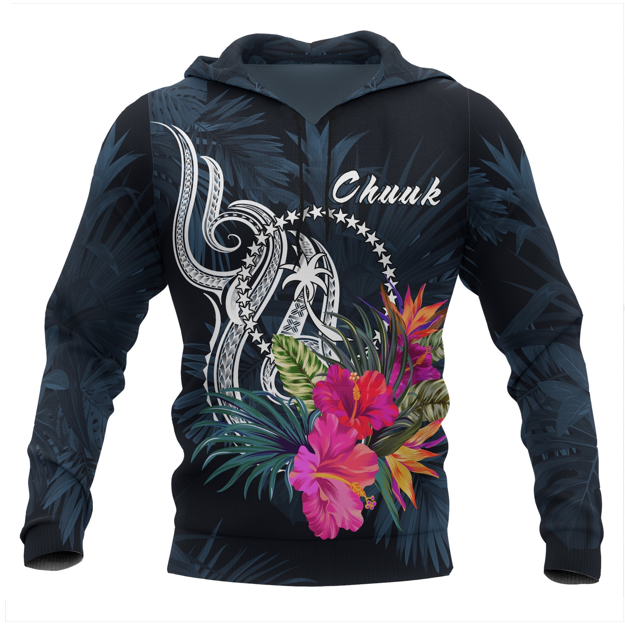 Chuuk Micronesia Hoodie Tropical Flowers Unisex Blue - Polynesian Pride