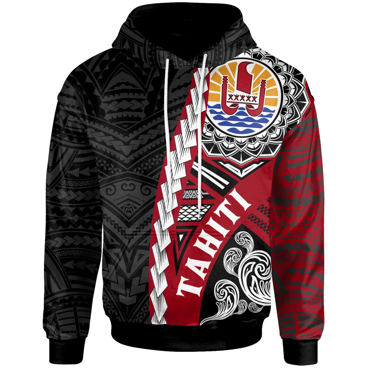 Tahiti Polynesian Hoodie Wave Tattoo Unisex Black - Polynesian Pride