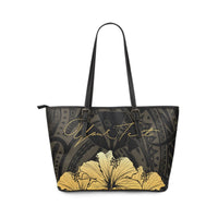 Personalised - Hawaii Royal Hibiscus Polynesian Tribal Large Leather Tote Bag Gold AH - Polynesian Pride