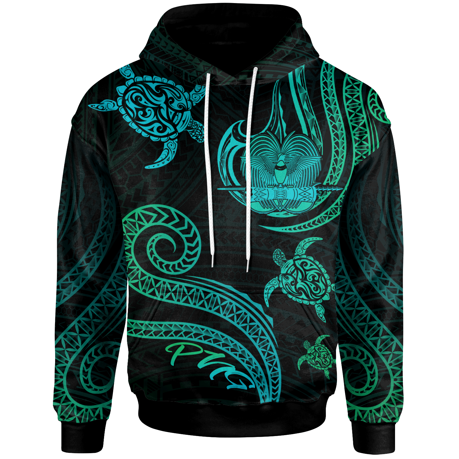 Papua New Guinea Hoodie Polynesian Turtle With Pattern Unisex Blue Green - Polynesian Pride