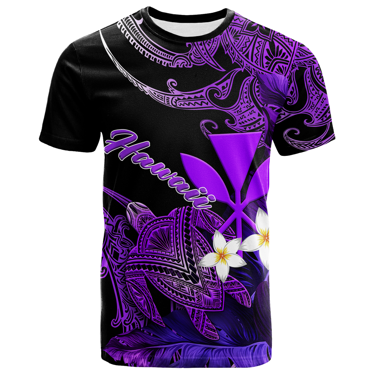 Hawaii Turtle With Plumeria Leaf Purple T Shirt LT12 Unisex Black - Polynesian Pride