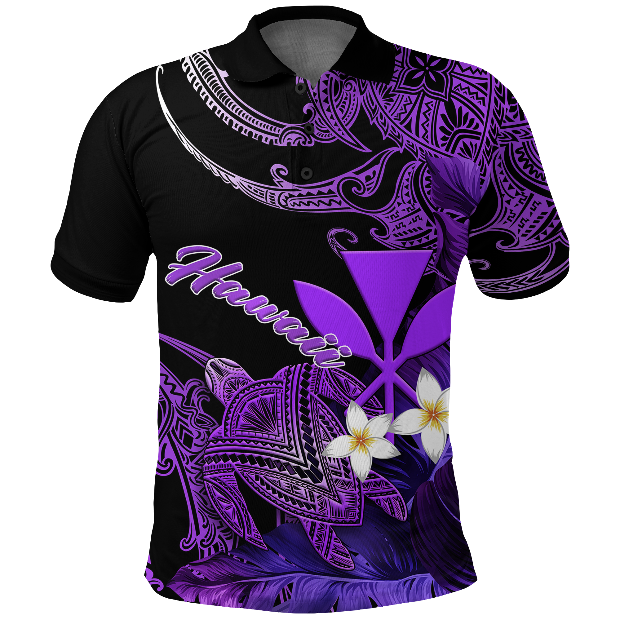 Hawaii Turtle With Plumeria Leaf Purple Polo Shirt LT12 Unisex Black - Polynesian Pride