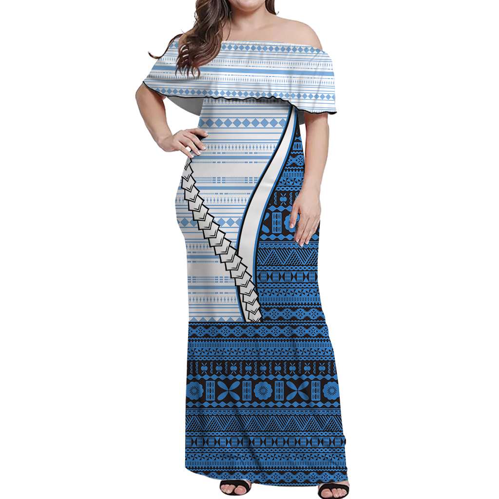 Fiji Tapa Tribal Women Off Shoulder Long Dress - LT12 Long Dress Blue - Polynesian Pride