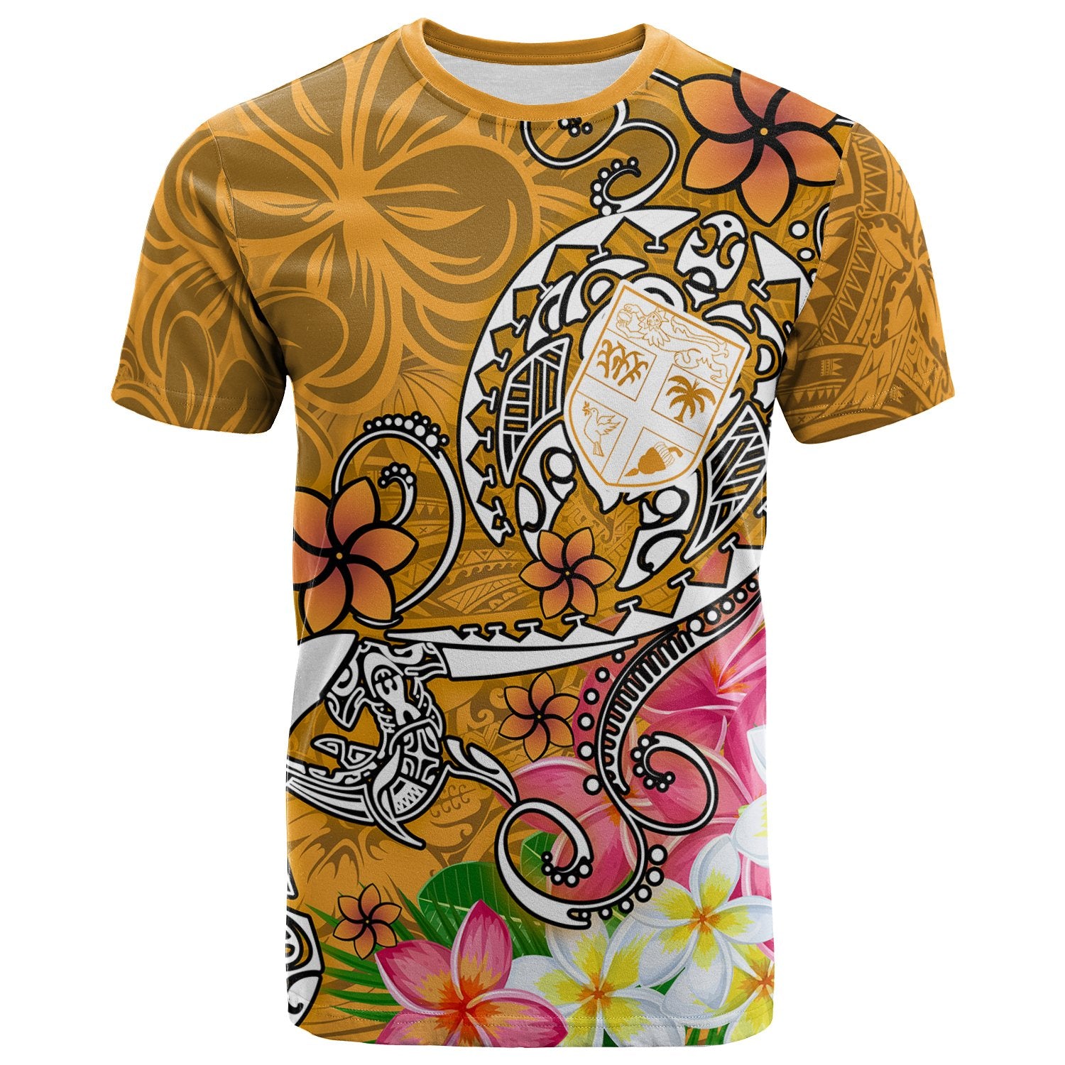 Fiji T Shirt Turtle Plumeria (Gold) Unisex Art - Polynesian Pride