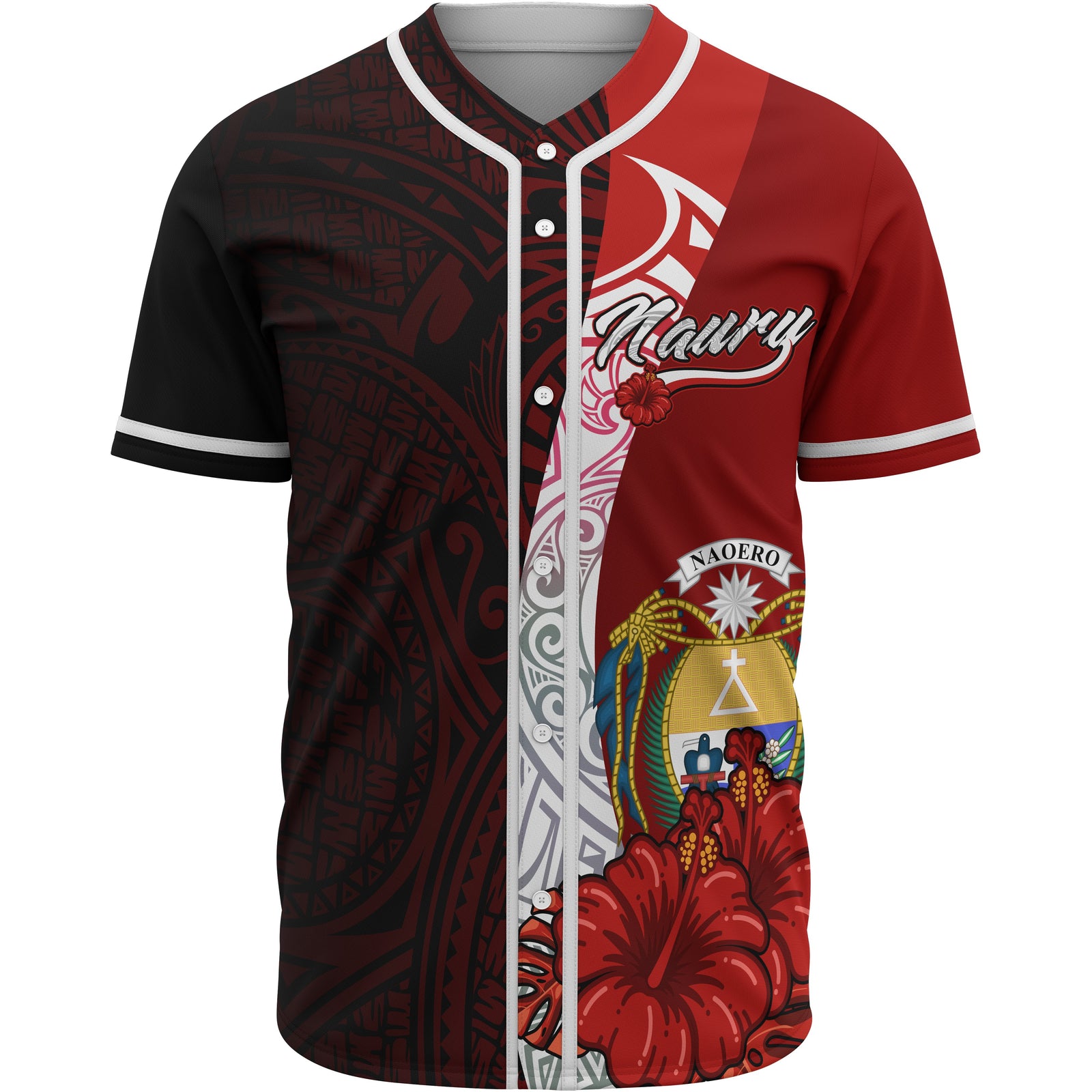 Nauru Polynesian Baseball Shirt - Coat Of Arm With Hibiscus Unisex Red - Polynesian Pride