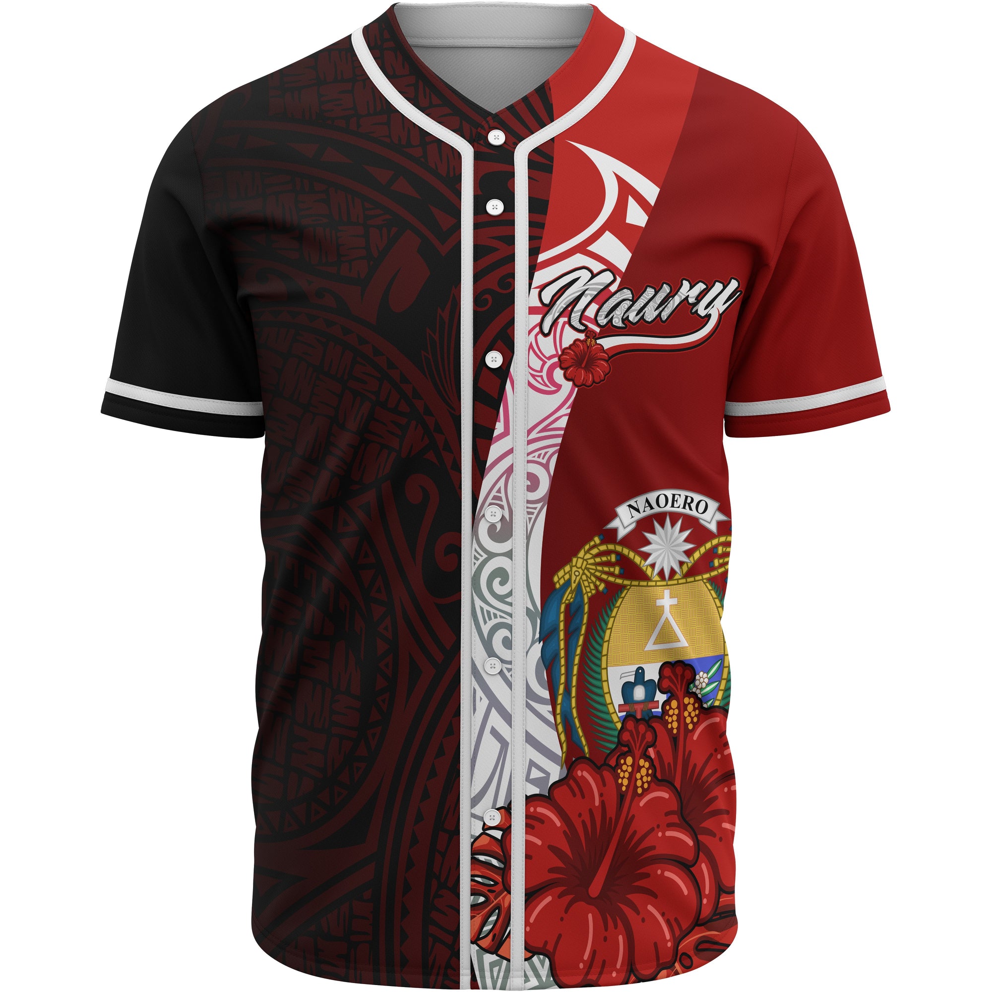 Nauru Polynesian Baseball Shirt - Coat Of Arm With Hibiscus Unisex Red - Polynesian Pride