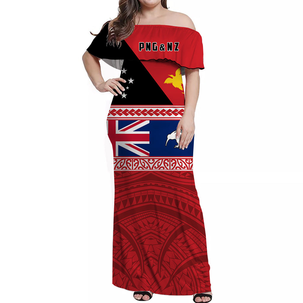 (Custom Personalised) Papua New Guinea and New Zealand Off Shoulder Long Dress Polynesian PNG and NZ LT13 Long Dress Red - Polynesian Pride