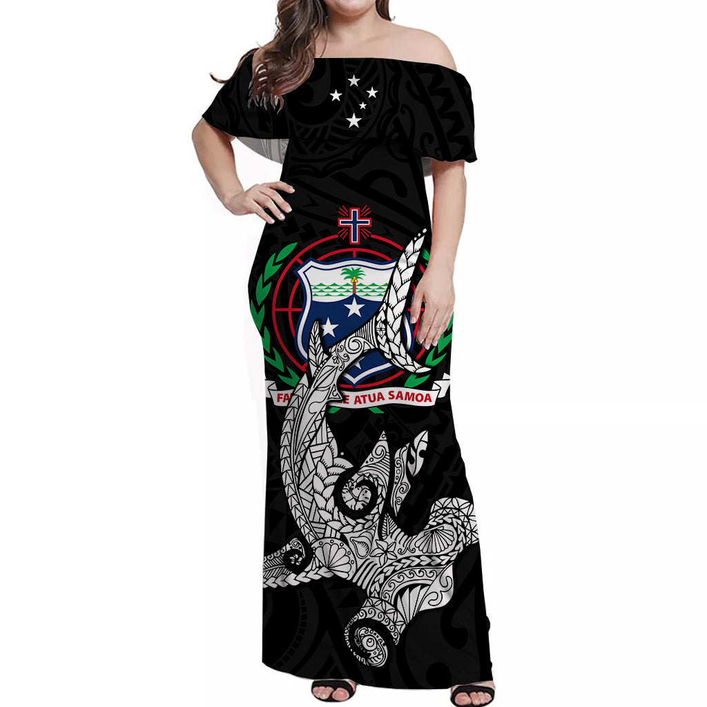 Samoa Off Shoulder Long Dress Hammerhead Shark Black LT13 Women Black - Polynesian Pride