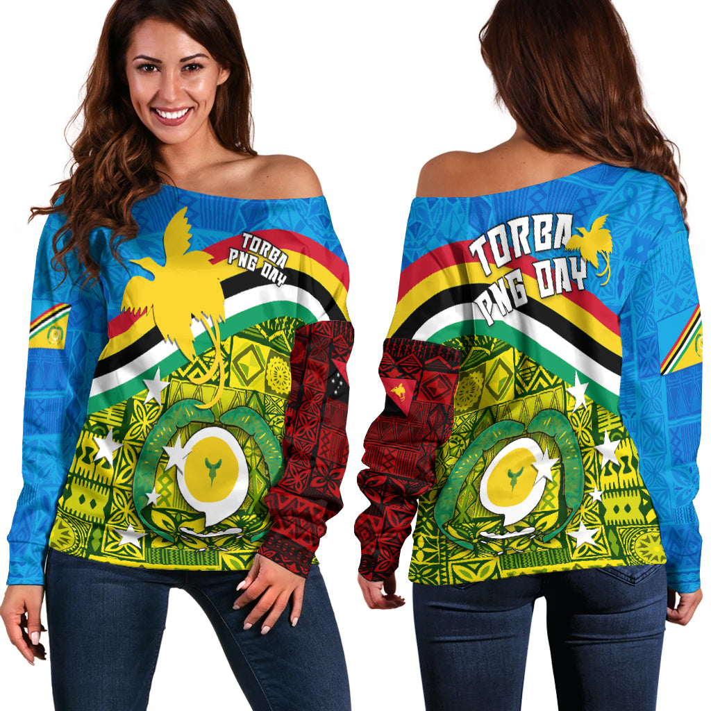 Torba PNG Day Off Shoulder Sweater Vanuatu and Papua New Guinea - Combine Flag Design LT4 Blue - Polynesian Pride