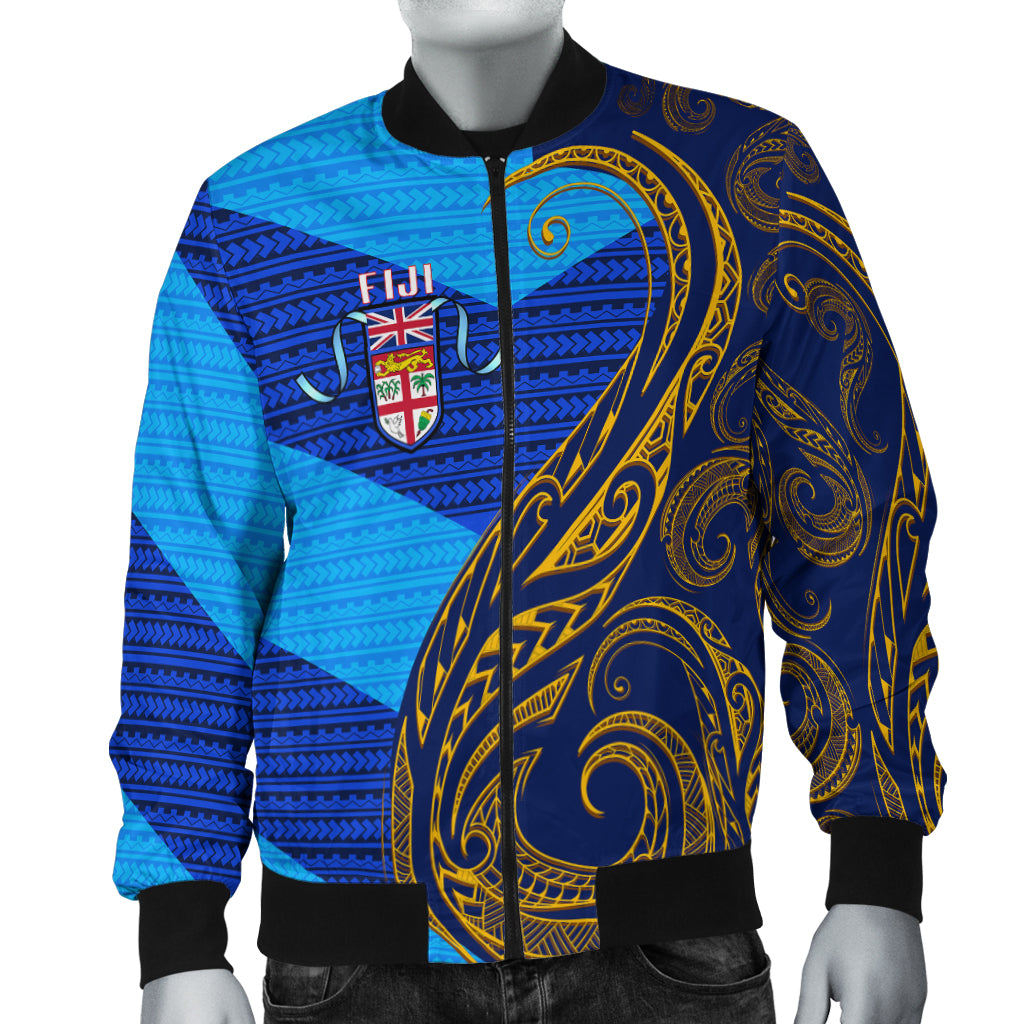 Fiji Bomber Jacket - Flag's Color With Gold Polynesian Pattern - LT20 Black Unisex - Polynesian Pride