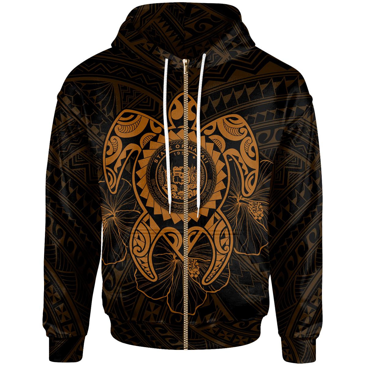 Hawaii Polynesian Zip up Hoodie Vintage Polynesian Turtle (Golden) Unisex Golden - Polynesian Pride