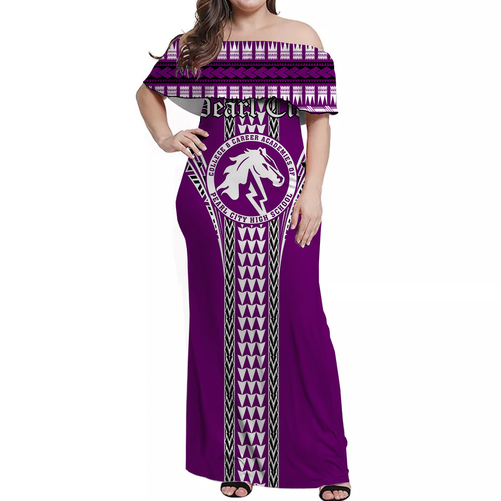 Hawaii Pearl City High School Off Shoulder Long Dress - LT12 Long Dress Purple - Polynesian Pride