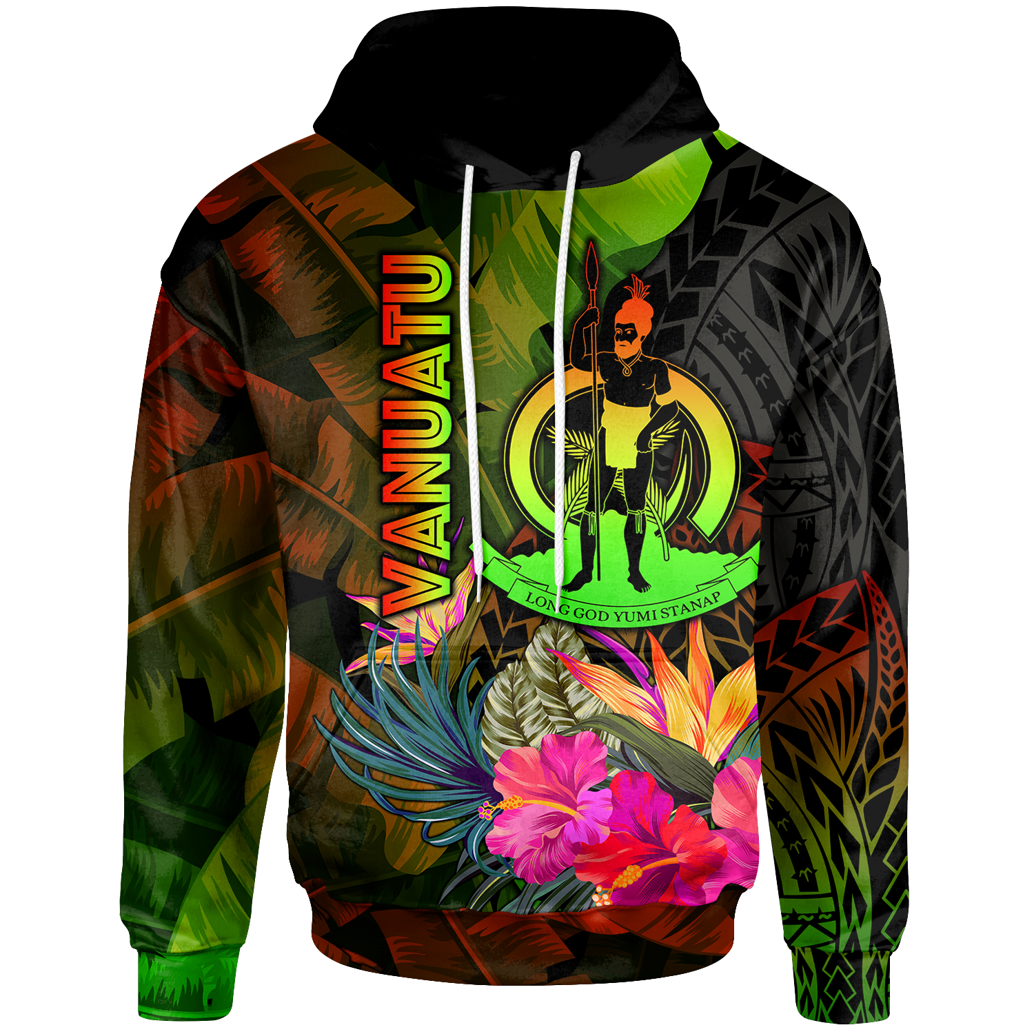 Vanuatu Polynesian Hoodie Hibiscus and Banana Leaves Unisex Reggae - Polynesian Pride