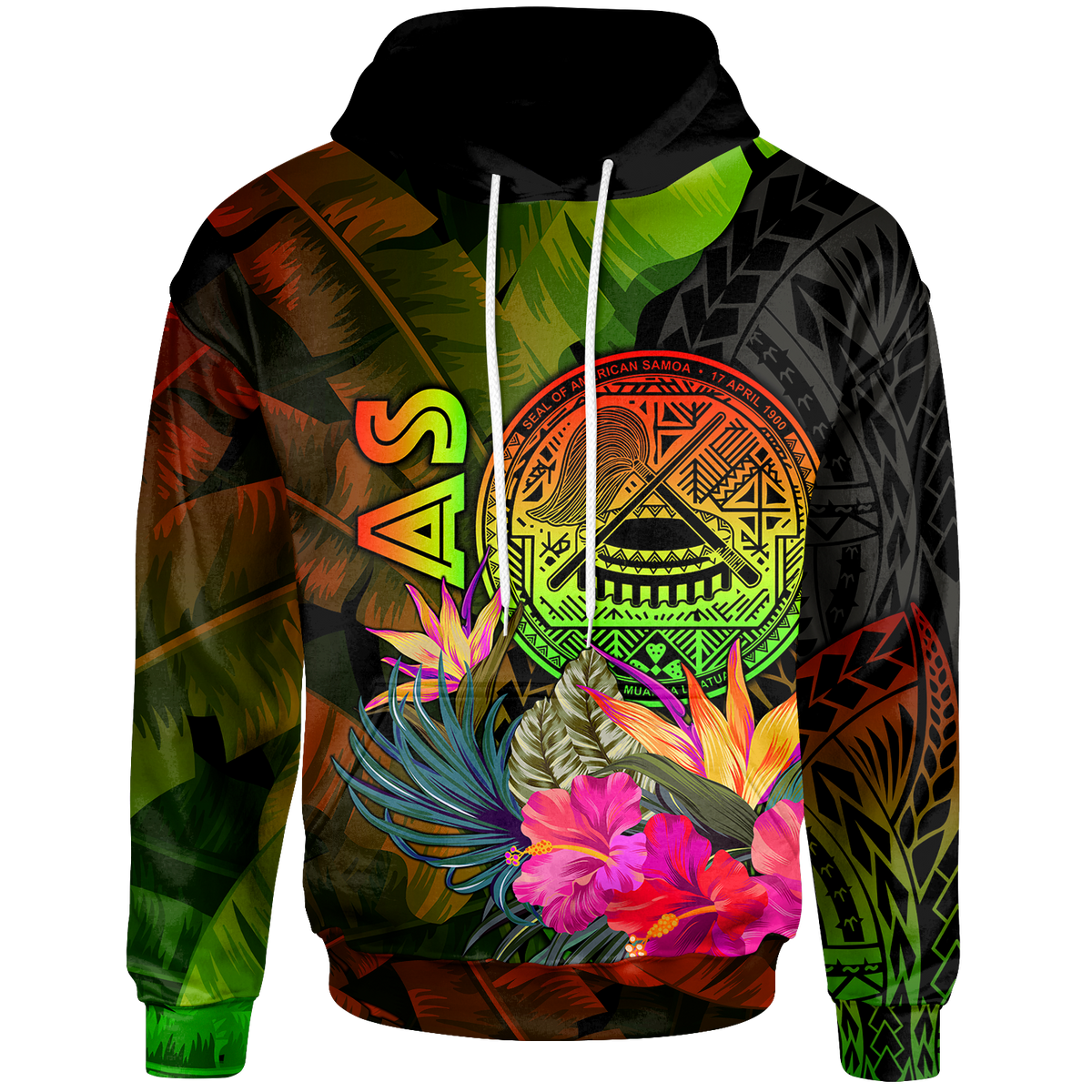 American Samoa Polynesian Hoodie Hibiscus and Banana Leaves Unisex Reggae - Polynesian Pride