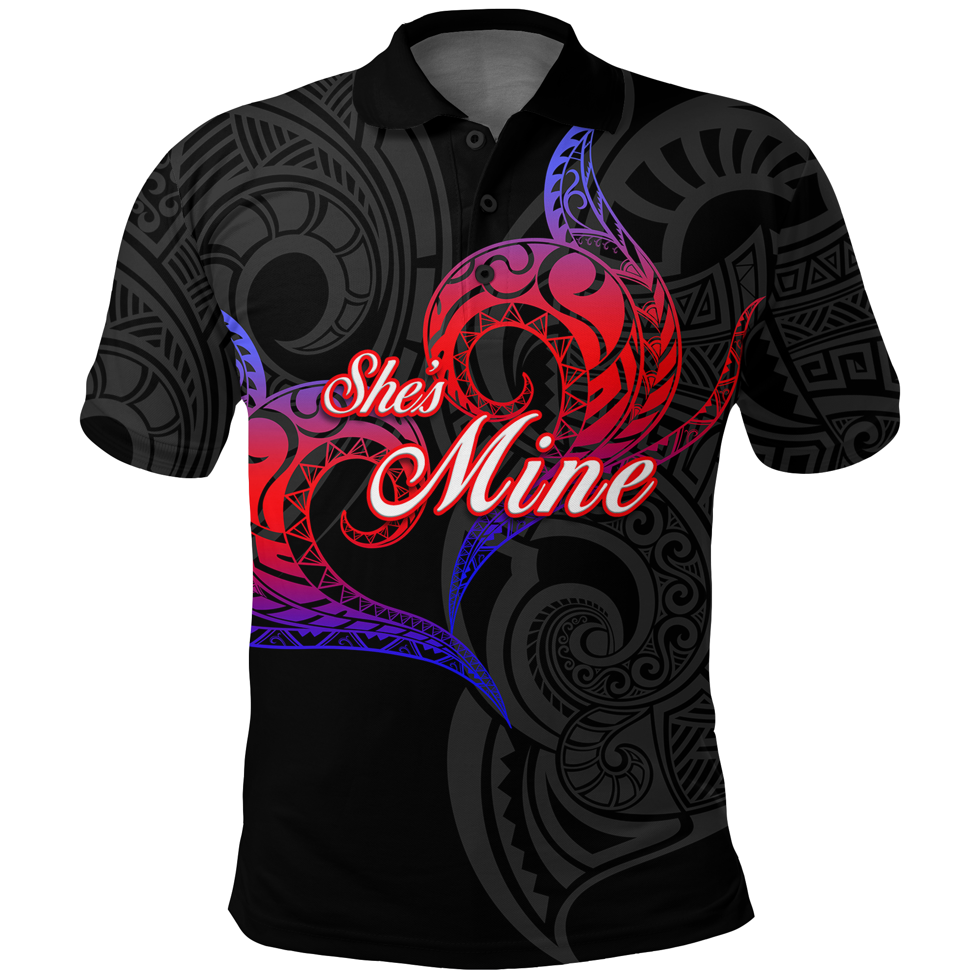 Valentine Day Guam Couple She Mine Polo Shirt Heart Tribal LT12 Black - Polynesian Pride