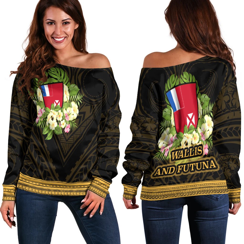 Wallis and Futuna Women's Off Shoulder Sweater - Polynesian Gold Patterns Collection Black - Polynesian Pride