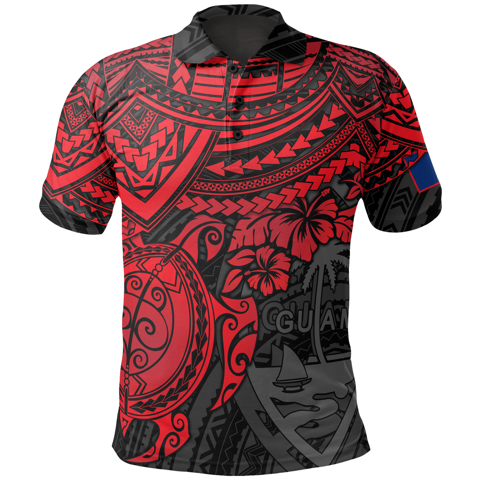 Guam Polo Shirt Guahan Flag Coat Of Arms Red Turtle Hibiscus Unisex RED - Polynesian Pride