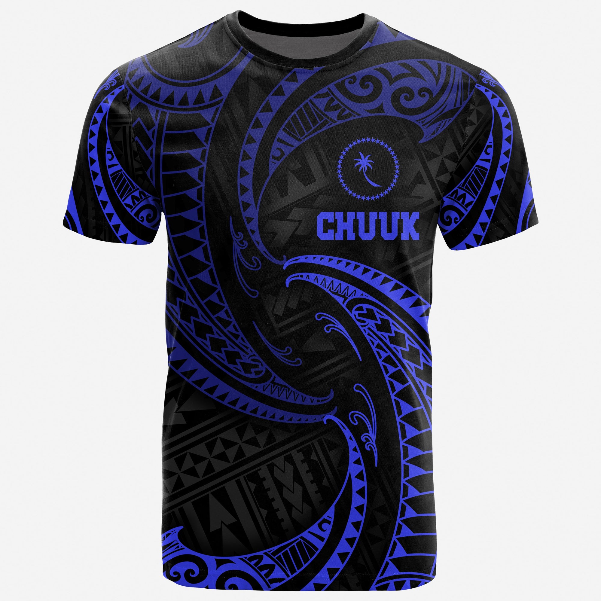 Chuuk Micronesia T Shirt Blue Tribal Wave Unisex Black - Polynesian Pride