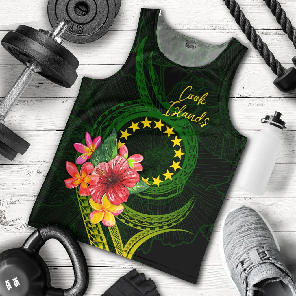 Cook Islands Polynesian Men's Tank Top - Floral With Seal Flag Color Black - Polynesian Pride