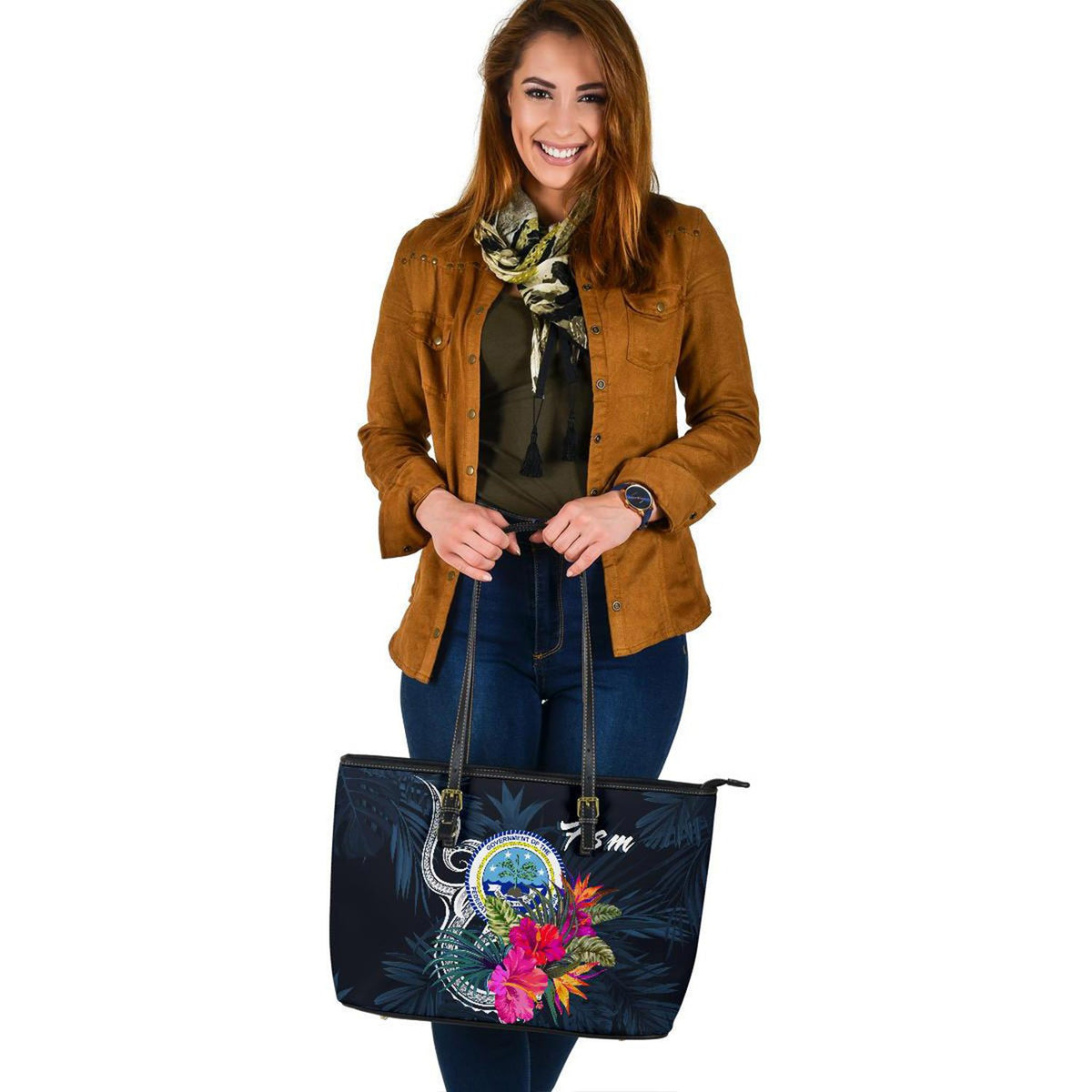 Federated States of Micronesia Leather Tote - Tropical Flower - Polynesian Pride