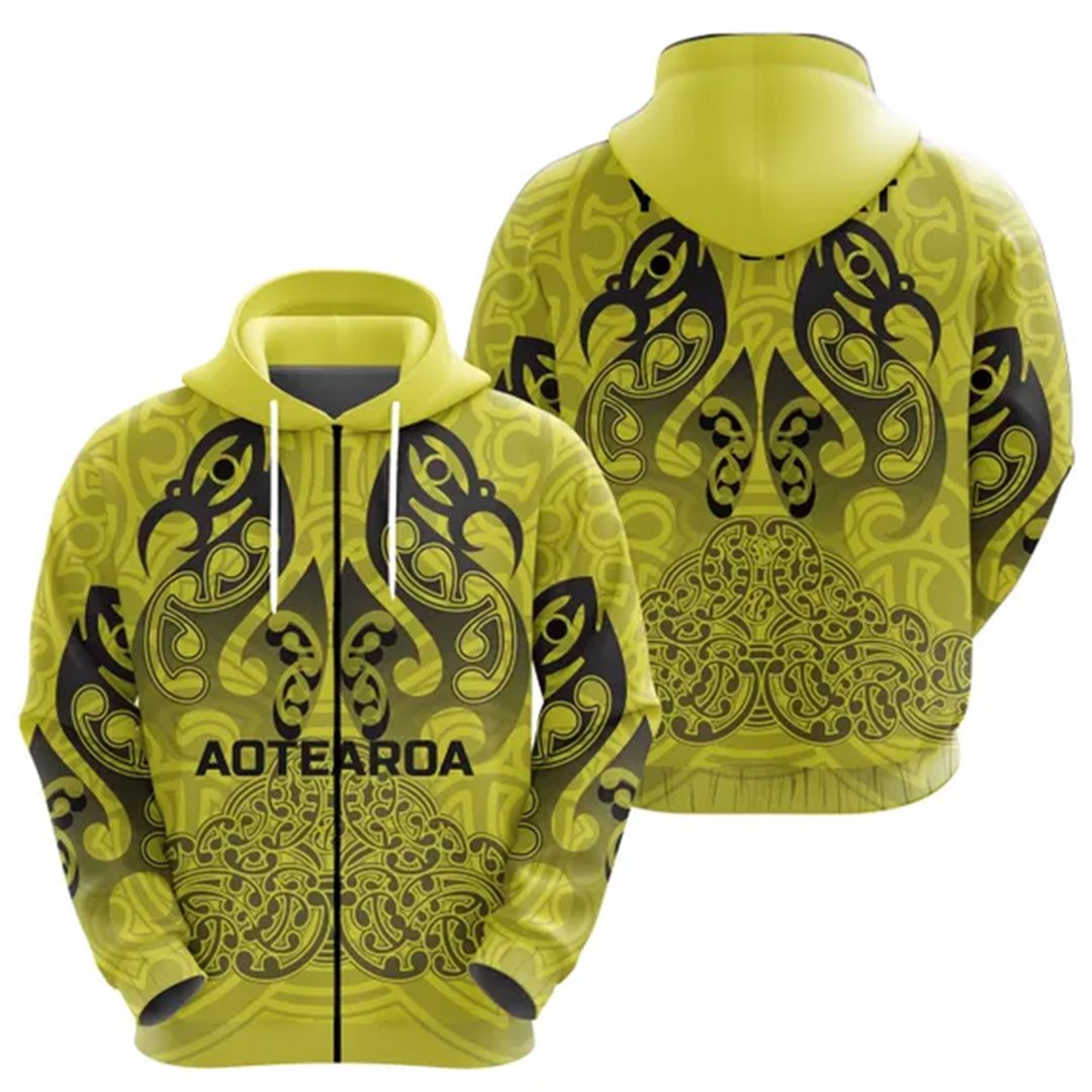 Custom Aotearoa Maori Rugby Zip Hoodie New Zealand Mount Taranaki Manaia, Custom Text and Number Unisex Yellow - Polynesian Pride