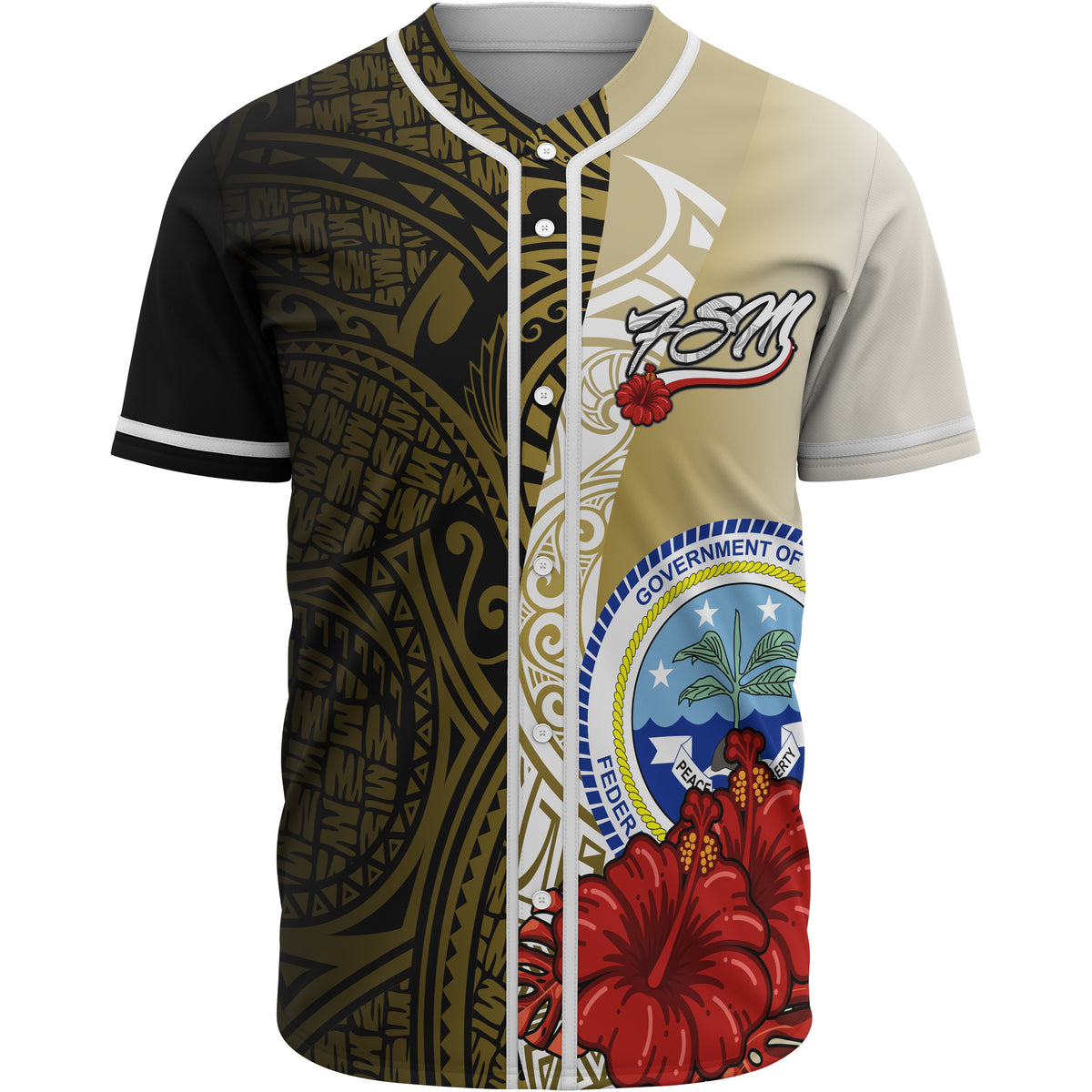 Federated States Of Micronesia Polynesian Baseball Shirt - Coat Of Arm With Hibiscus Gold Unisex Gold - Polynesian Pride