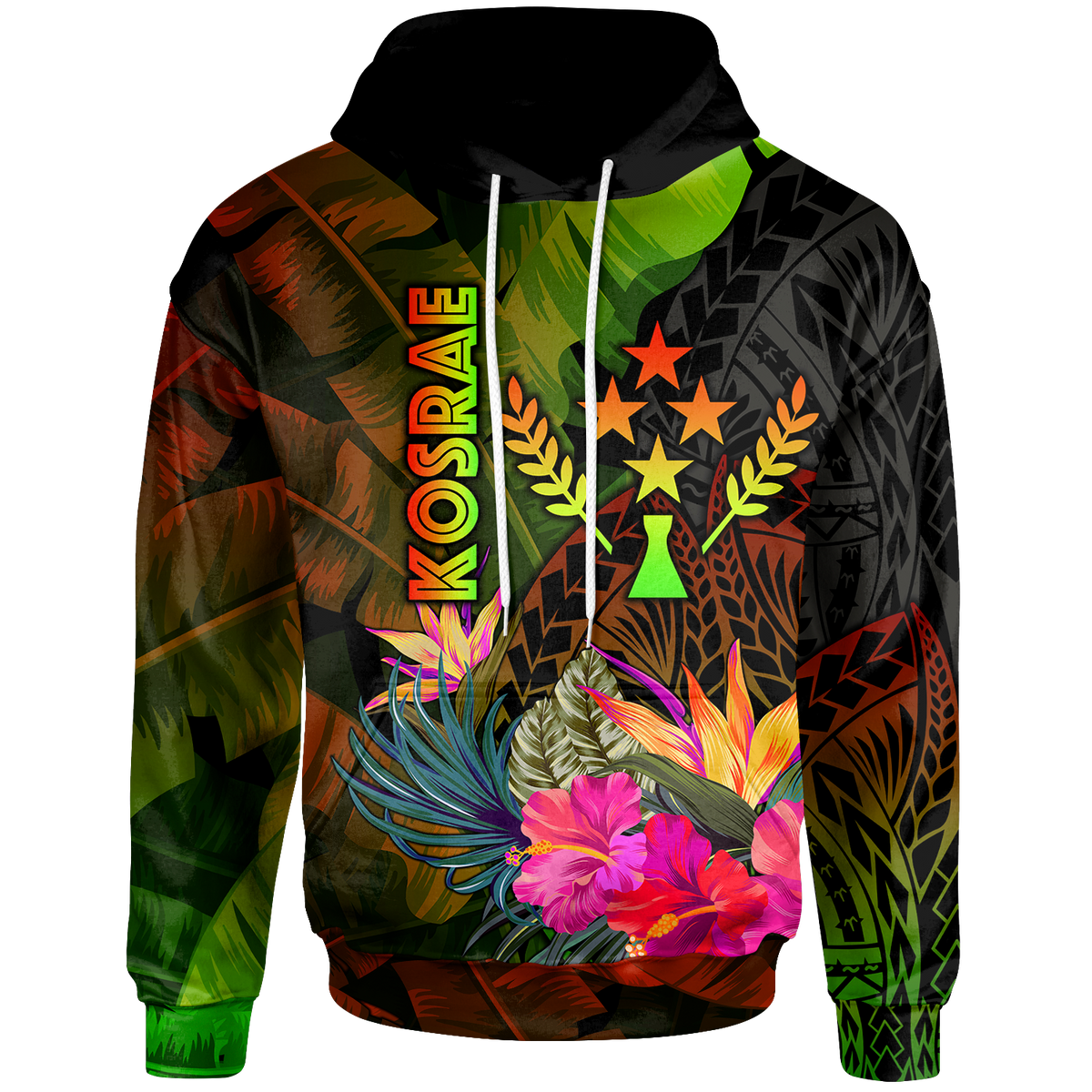 Kosrae Polynesian Hoodie Hibiscus and Banana Leaves Unisex Reggae - Polynesian Pride
