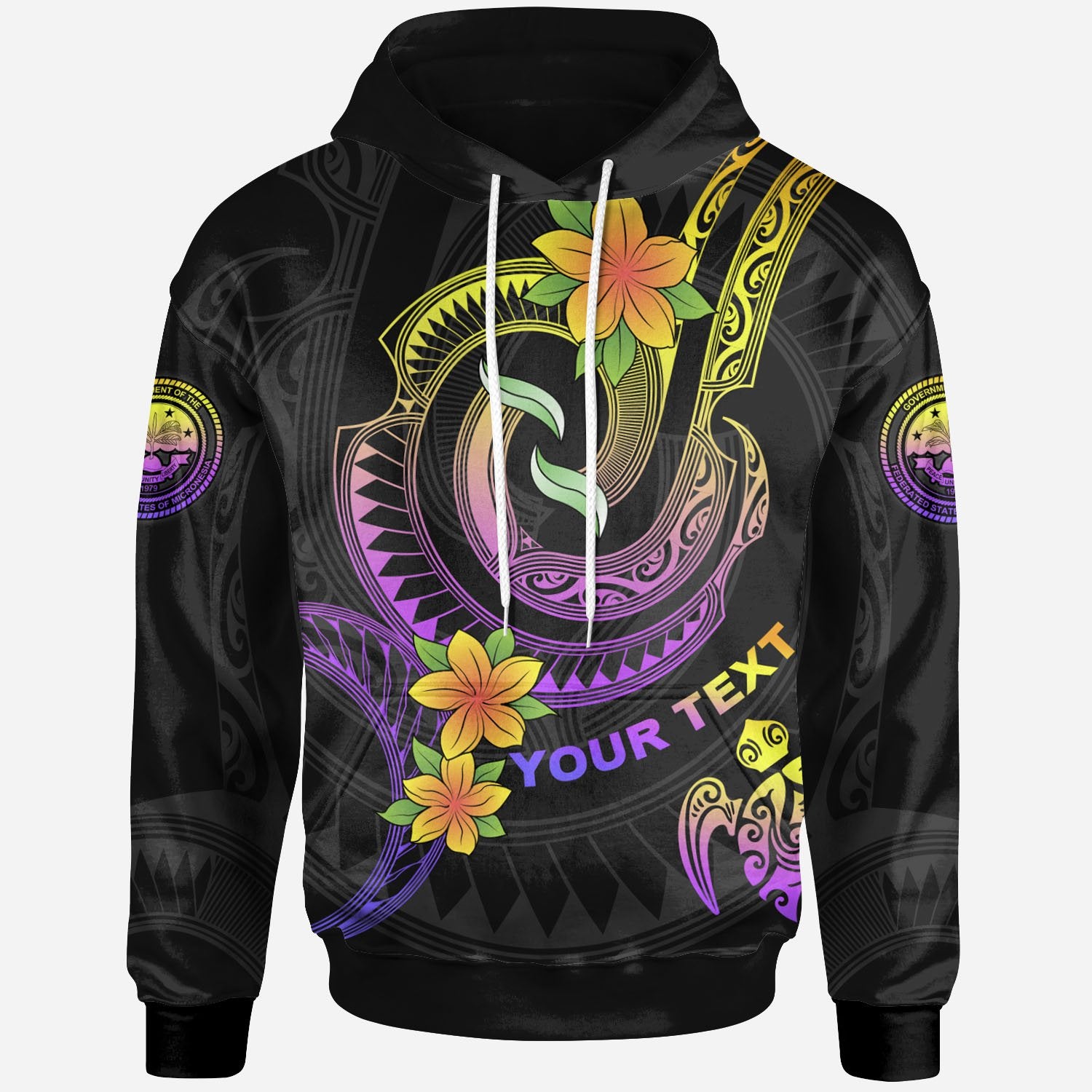 Federated States of Micronesia Custom Hoodie Coat of Arm with Plumeria Flowers Unisex Black - Polynesian Pride