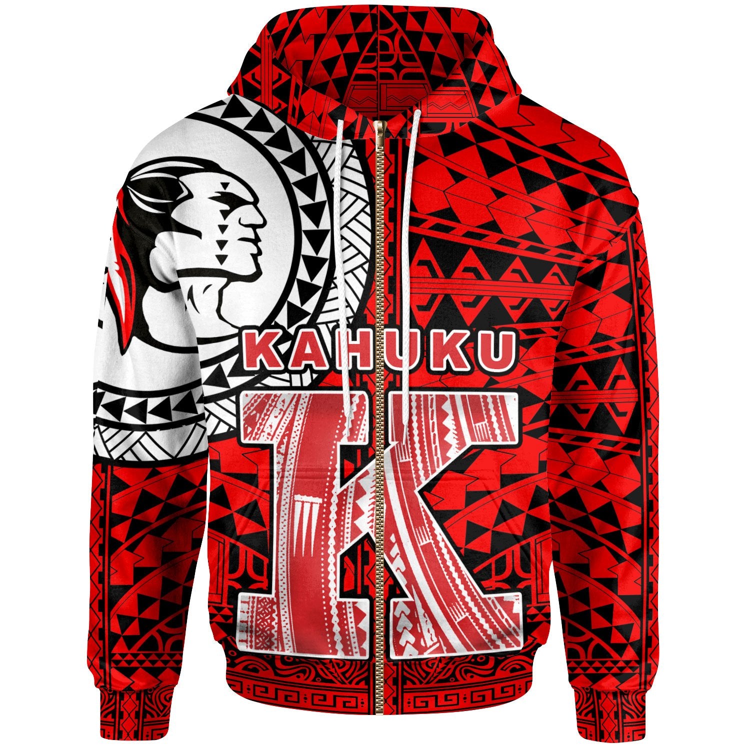 Custom Hawaii Polynesian Zip up Hoodie Red Raider Kahuku Unisex Red - Polynesian Pride