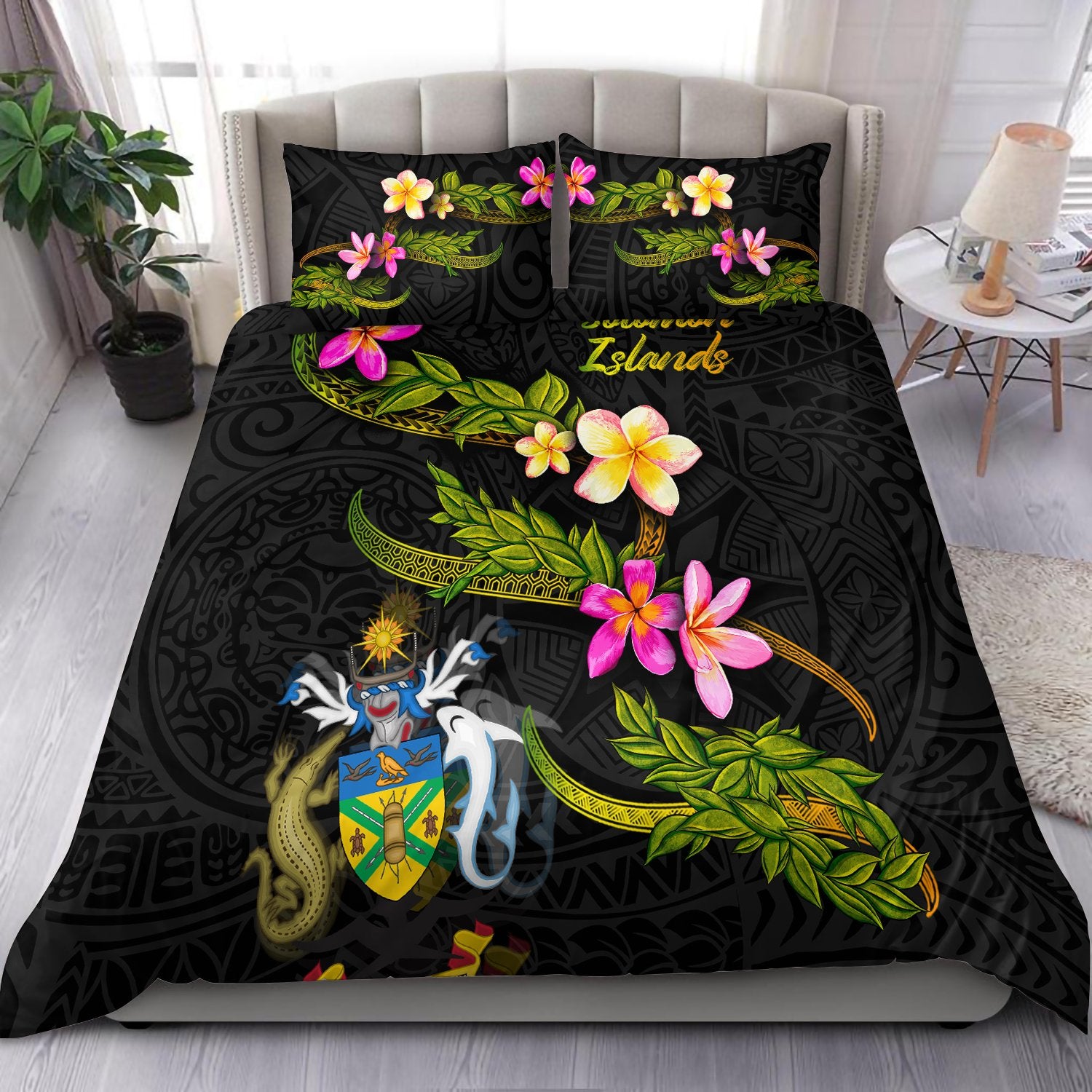 Solomon Islands Polynesian Bedding Set - Plumeria Tribal Black - Polynesian Pride