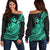 Hawaii Humpback Whale With Hibiscus Tribal Turquoise Women Off Shoulder Sweater - LT12 Women Blue - Polynesian Pride