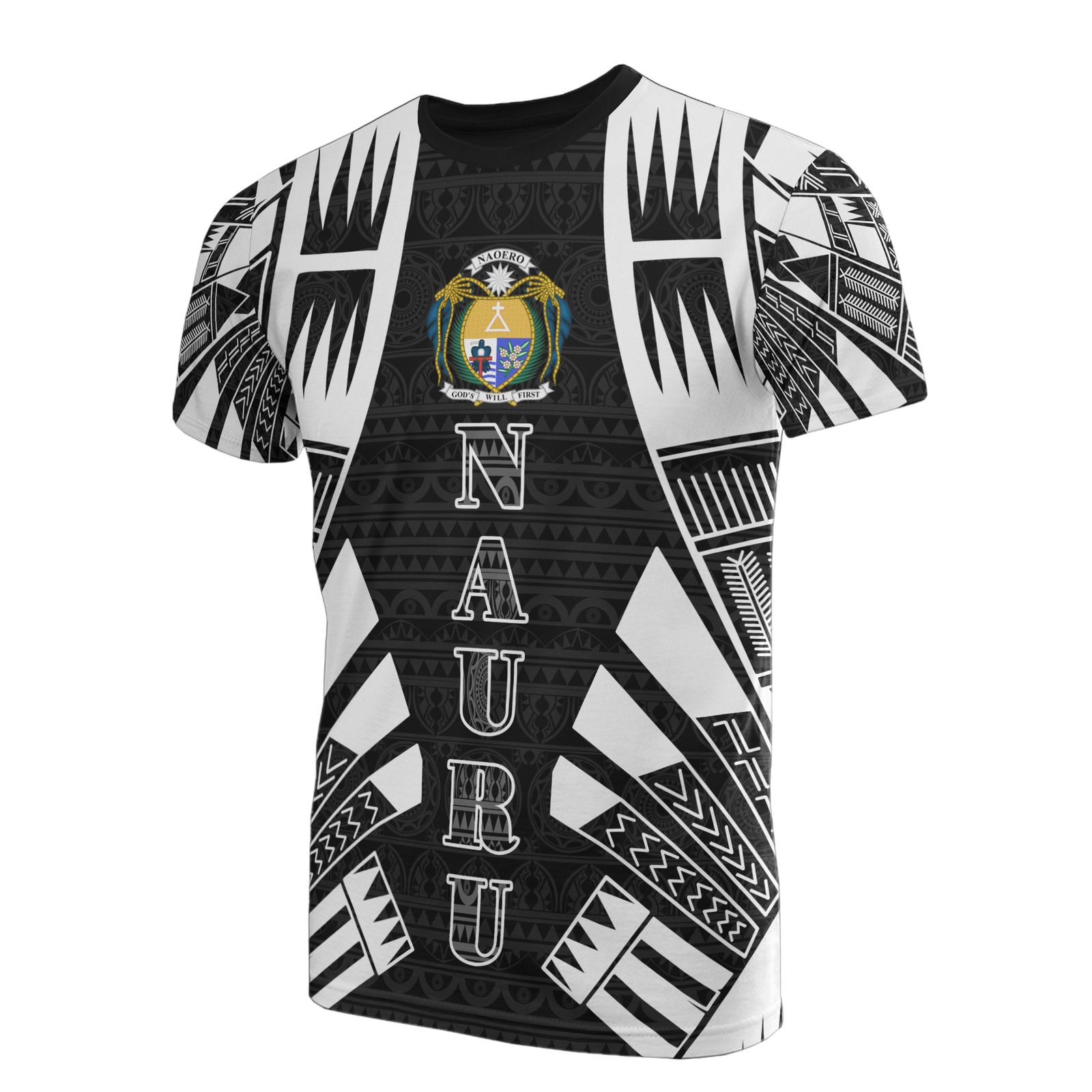 Nauru T Shirt Nauru Coat Of Arms Polynesian Tattoo Style Unisex Black - Polynesian Pride