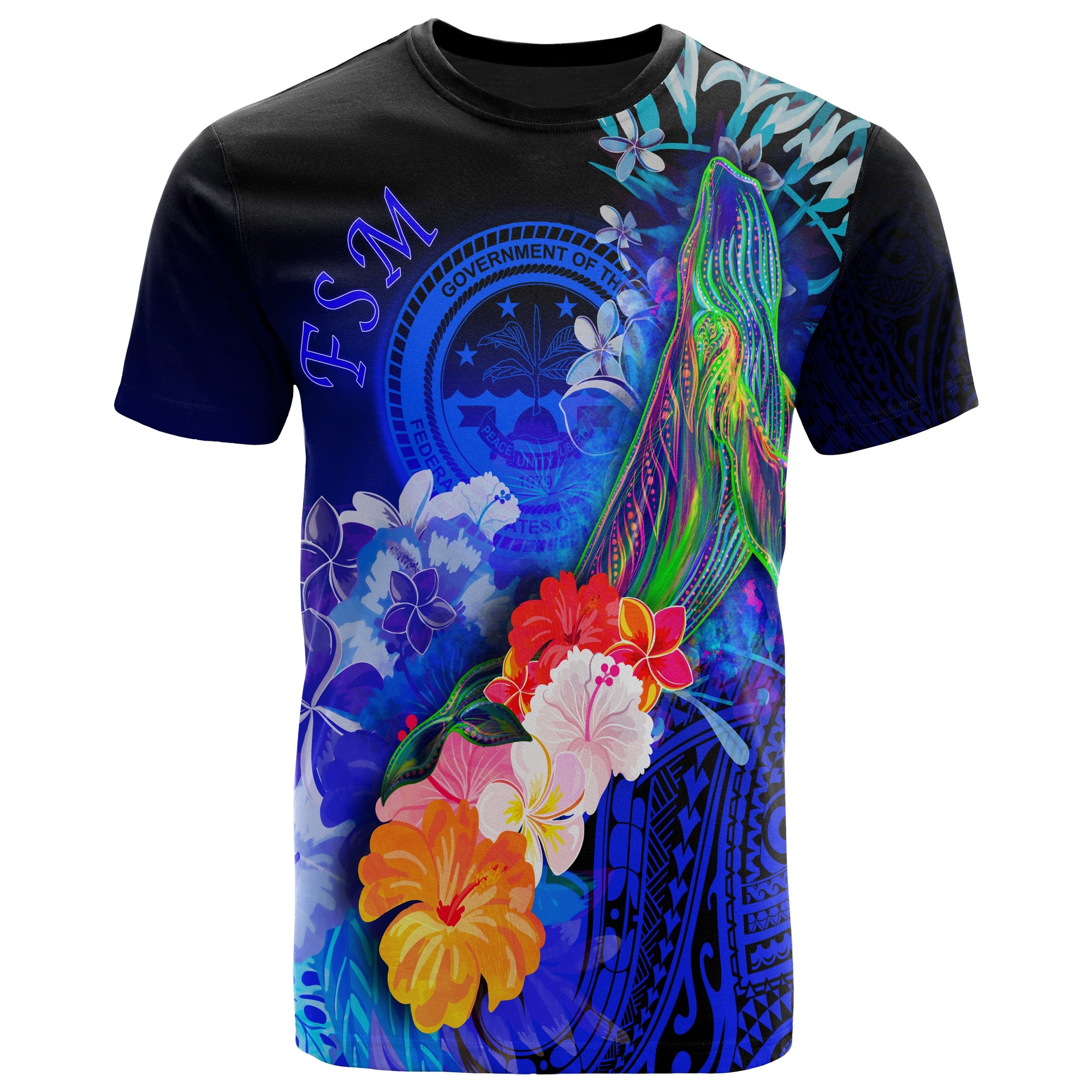 Fsm T Shirt Humpback Whale with Tropical Flowers (Blue) Unisex Blue - Polynesian Pride