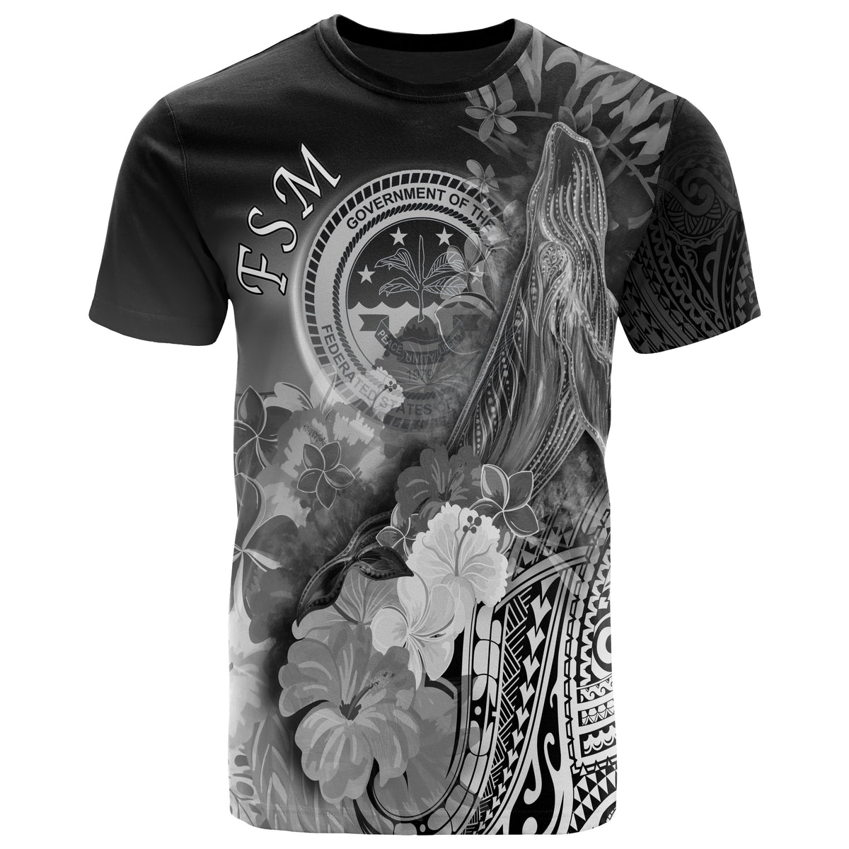 Fsm T Shirt Humpback Whale with Tropical Flowers (White) Unisex Art - Polynesian Pride