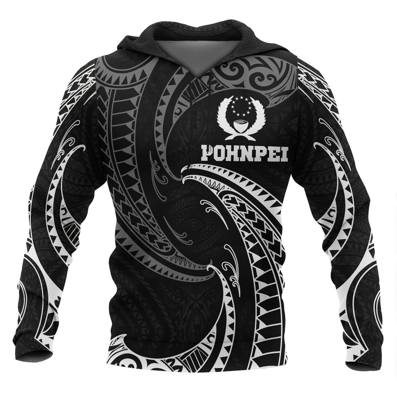 Pohnpei Micronesia Hoodie White Tribal Wave Unisex Black - Polynesian Pride