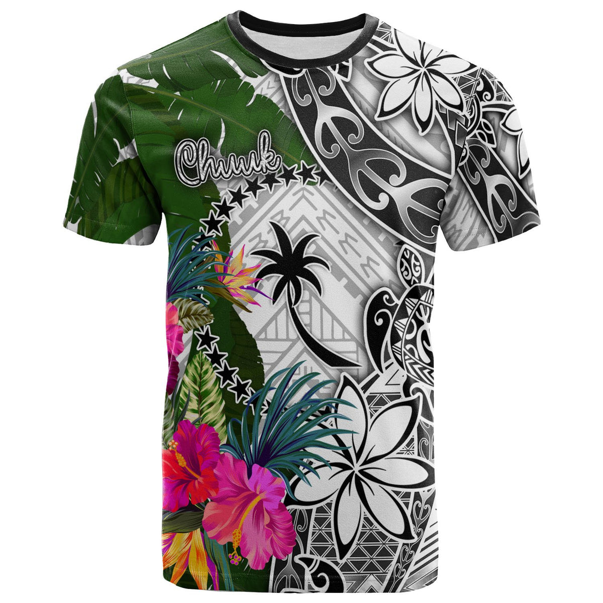 Chuuk T Shirt White Turtle Plumeria Banana Leaf Unisex Art - Polynesian Pride