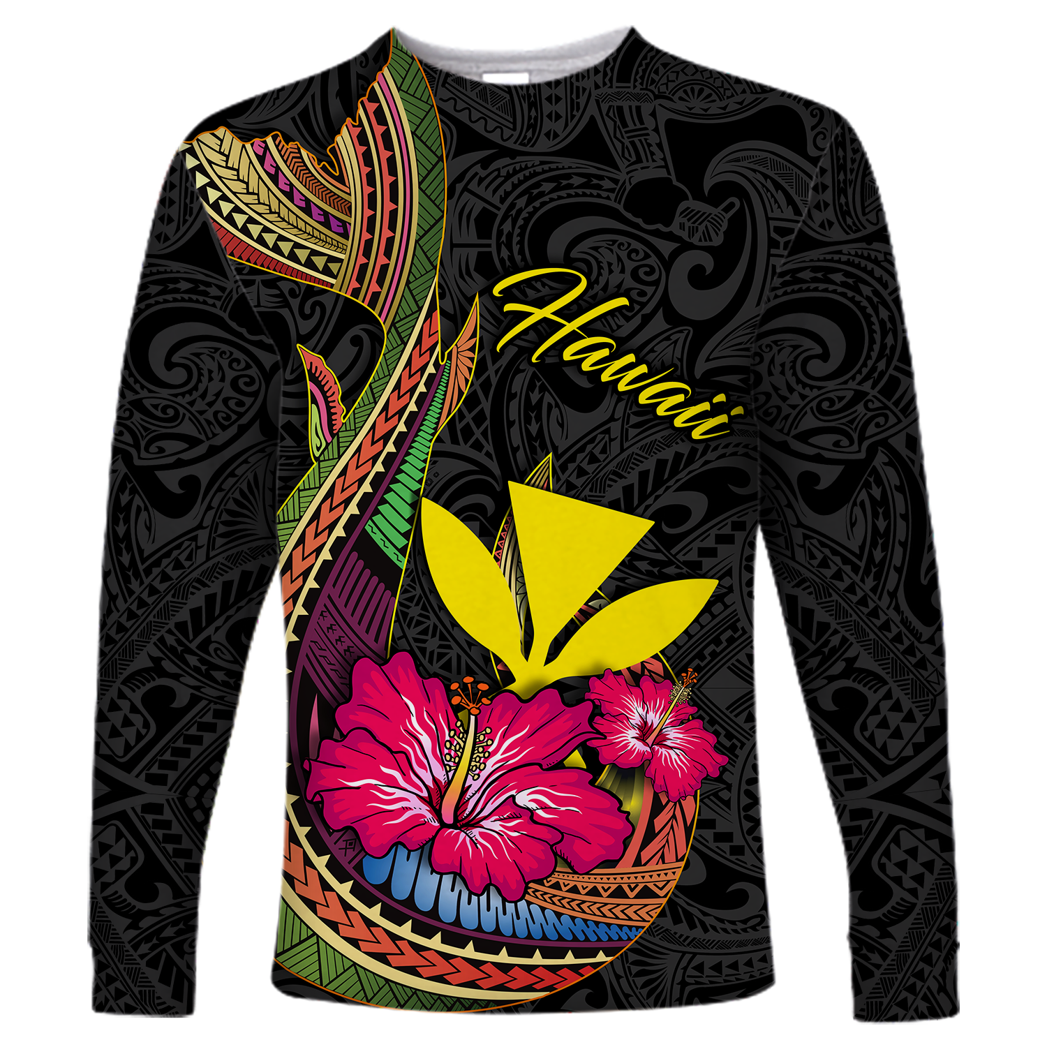 Hawaii Polynesian Fish Hook Hibiscus Long Sleeve Shirt - LT12 Unisex Black - Polynesian Pride