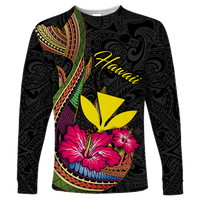 Hawaii Polynesian Fish Hook Hibiscus Long Sleeve Shirt - LT12 Unisex Black - Polynesian Pride
