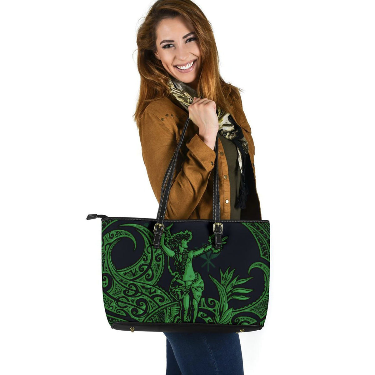 Polynesian Hawaii Leather Tote Bag - Hula Girl Green - Polynesian Pride