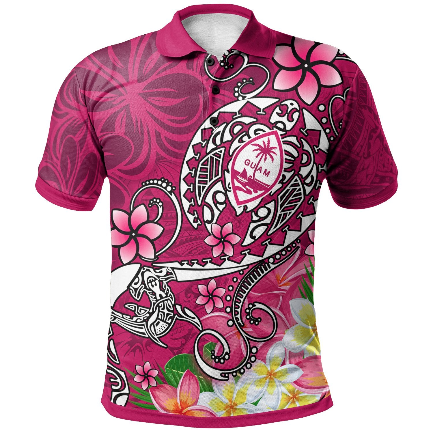 Guam Polo Shirt Turtle Plumeria (Pink) Unisex Pink - Polynesian Pride