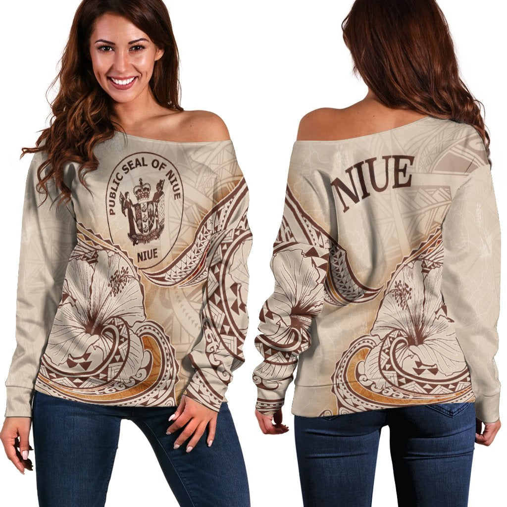 Niue Women's Off Shoulder Sweater - Hibiscus Flowers Vintage Style Nude - Polynesian Pride