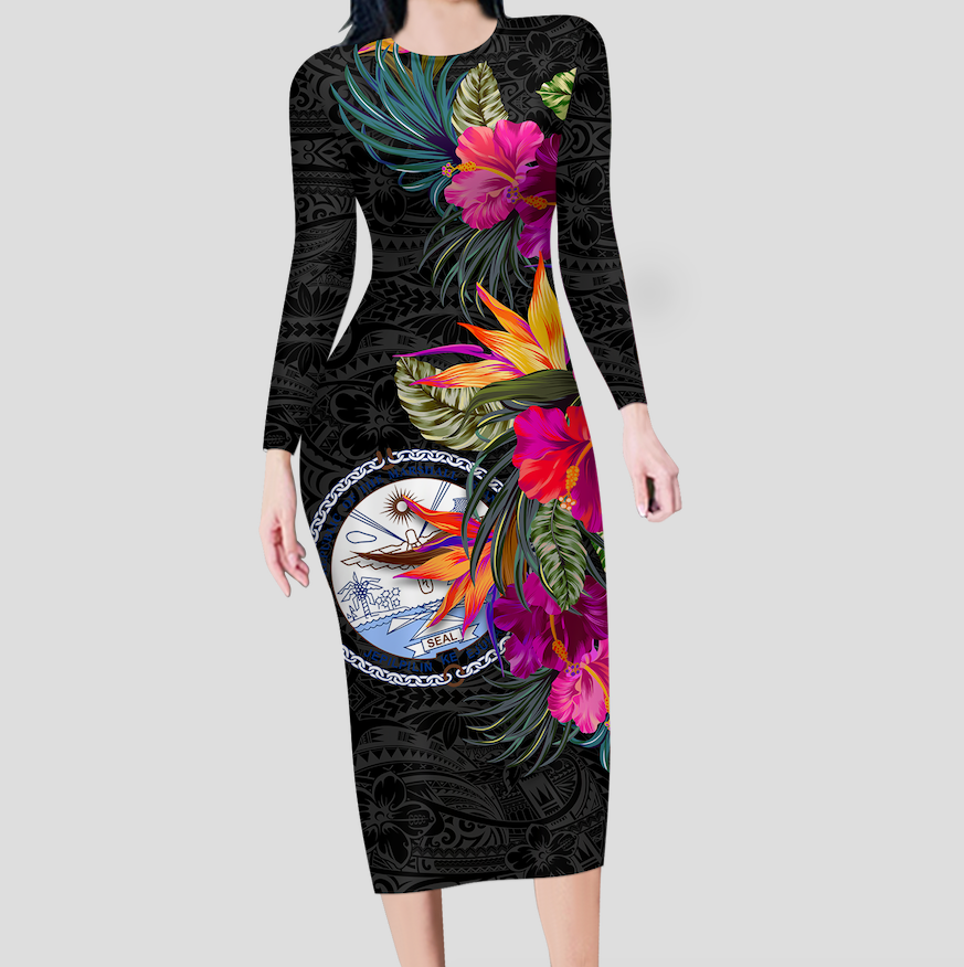 Marshall Islands Hibiscus Polynesian Tribal Long Sleeves Dress - LT12 Women Black - Polynesian Pride