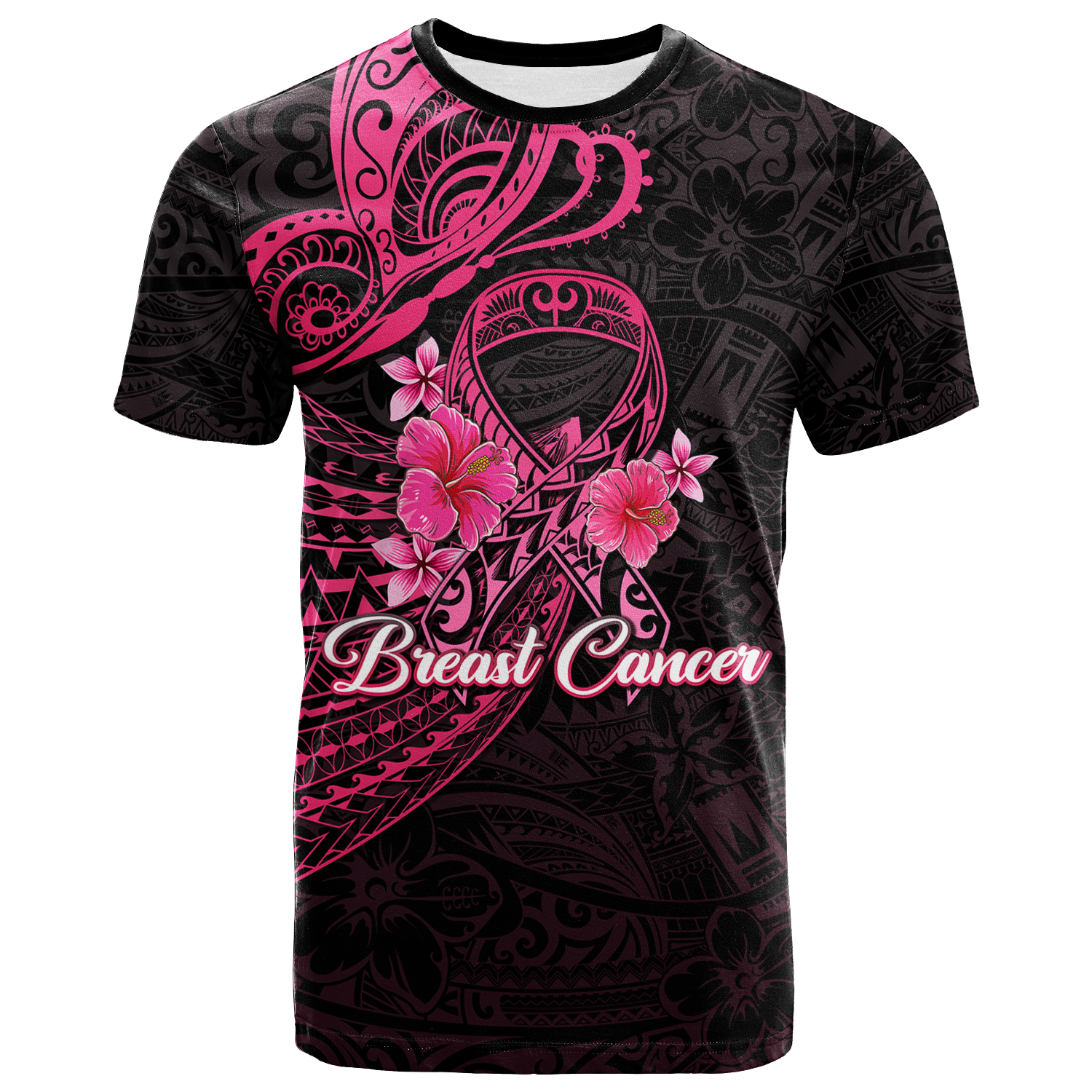 Breast Cancer Pink Ribbon Butterfly Polynesian Black Version T Shirt LT12 Unisex Black - Polynesian Pride