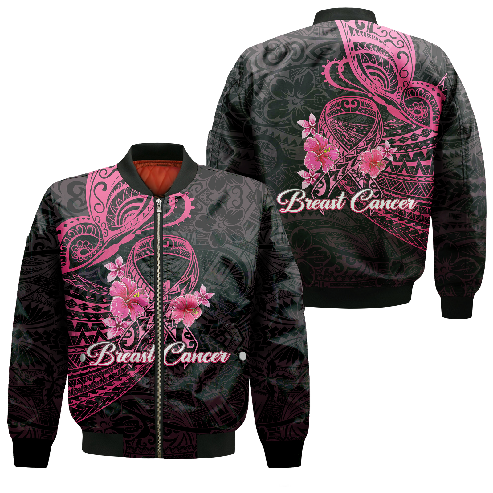 Breast Cancer Pink Ribbon Butterfly Polynesian Black Version Bomber Jacket - LT12 Bomber Jacket Black - Polynesian Pride