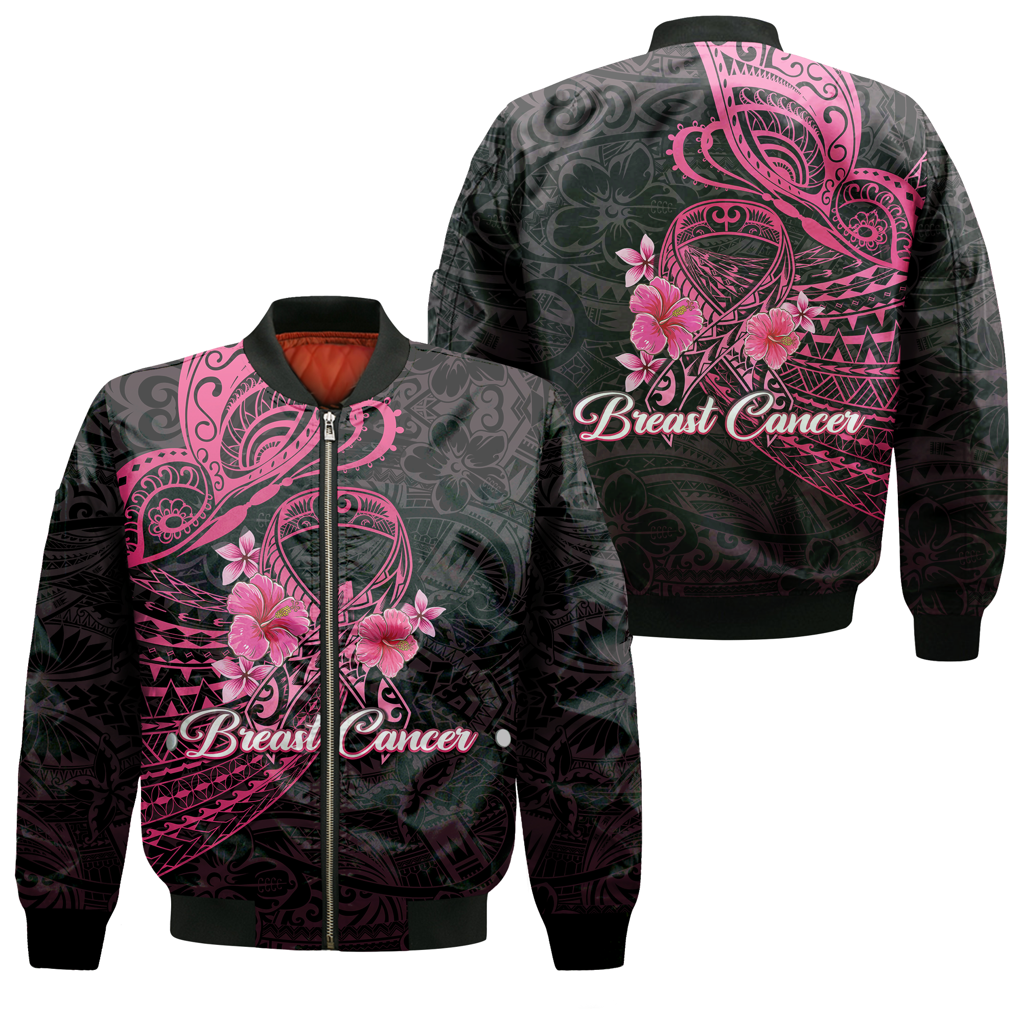 Breast Cancer Pink Ribbon Butterfly Polynesian Black Version Bomber Jacket - LT12 Bomber Jacket Black - Polynesian Pride