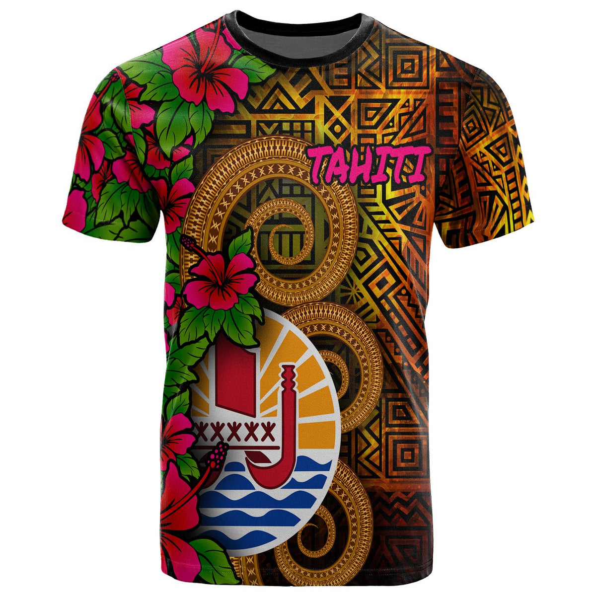 Tahiti Polynesian T Shirt Tiki With Hibiscus Unisex Orange - Polynesian Pride