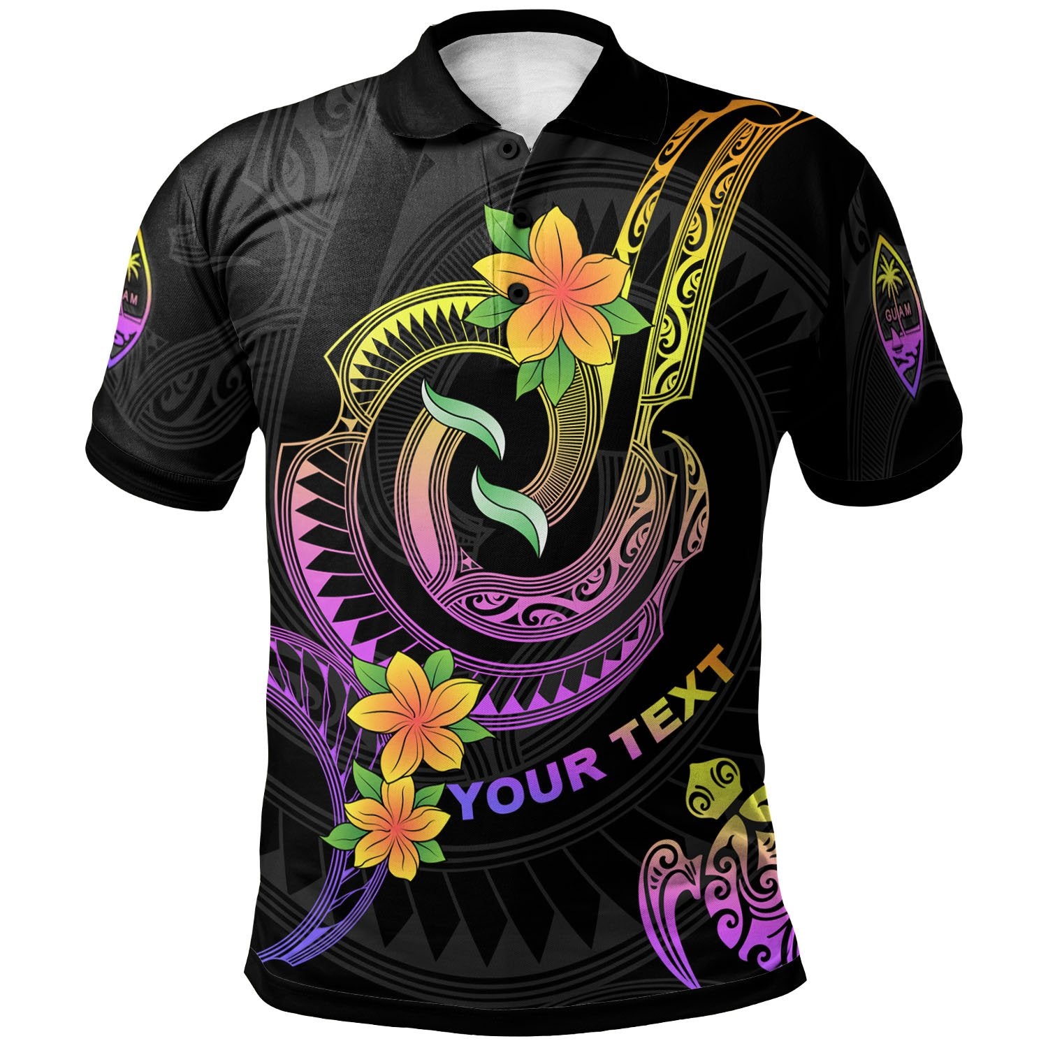 Guam Custom Polo Shirt Plumeria Flowers with Spiral Patterns Unisex Black - Polynesian Pride