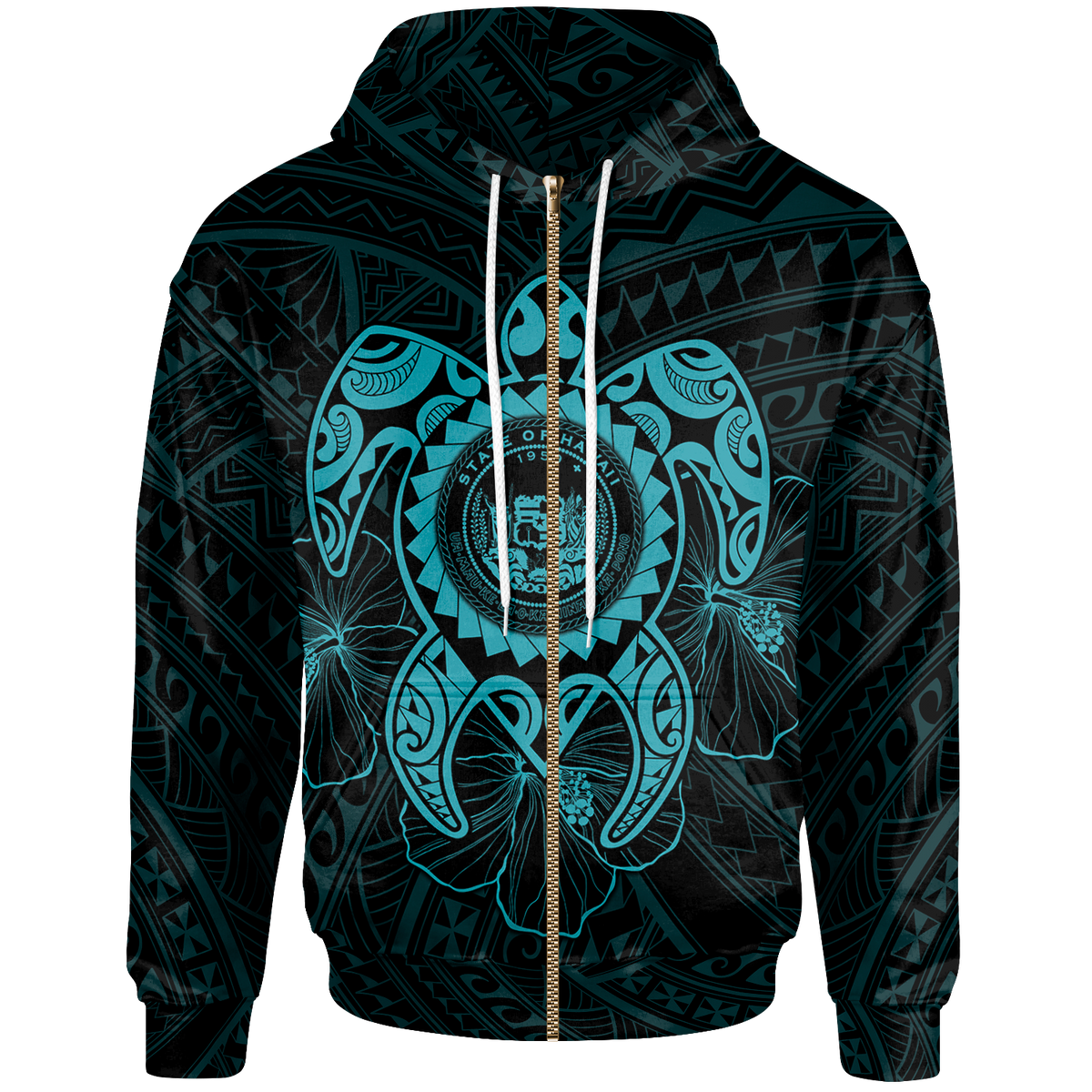 Hawaii Polynesian Zip up Hoodie Vintage Polynesian Turtle (Turquoise) Unisex Turquoise - Polynesian Pride