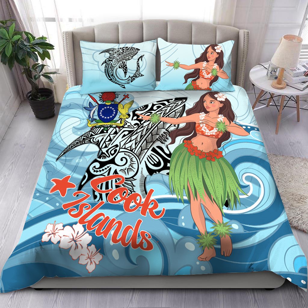 Cook Islands Bedding Set - Polynesian Girls With Shark Blue - Polynesian Pride